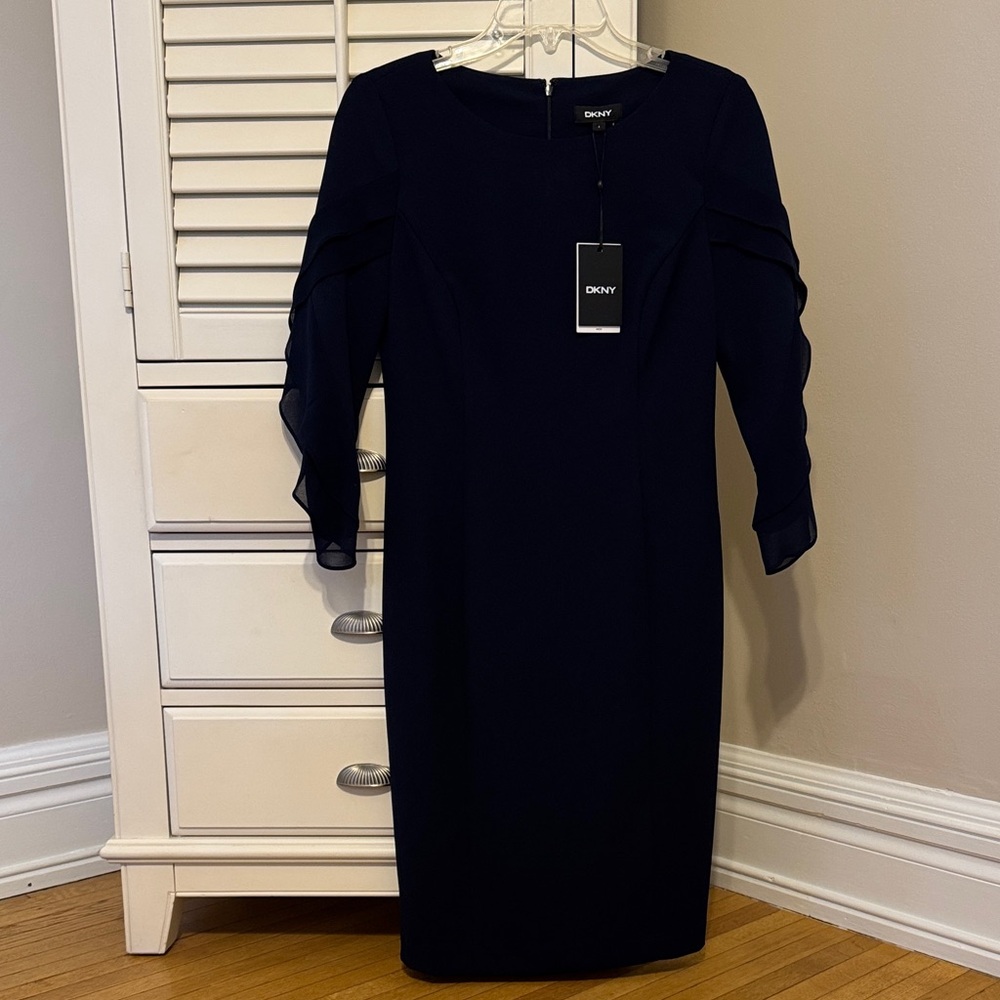 NWT DKNY Navy Sheath Dress with Ruffle Sleeves size 6